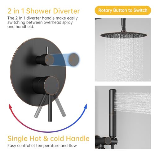 BESy Shower System with 10 Inch Round Rain Shower Head and Handheld Wall Mounted, High Pressure Rainfall Shower Faucet Fixture Combo Set with 2 in 1 Handheld Showerhead for Bathroom, Bronze - color: Bronze