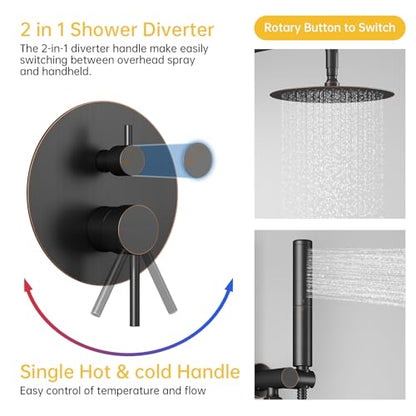 BESy Shower System with 10 Inch Round Rain Shower Head and Handheld Wall Mounted, High Pressure Rainfall Shower Faucet Fixture Combo Set with 2 in 1 Handheld Showerhead for Bathroom, Bronze - color: Bronze