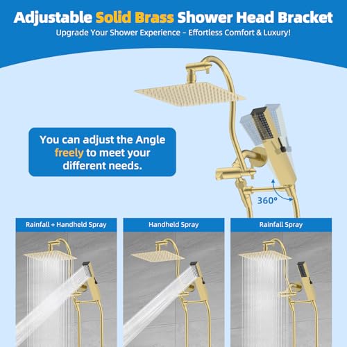 Hibbent All Metal cUPC Certified Shower Head, 10'' High Pressure Rainfall Shower Head Combo, Handheld Shower Wand, 12'' Adjustable Extension Arm, 4-Spray, 71'' Hose, Shower Holder, Brushed Gold - color: Brushed Gold, style: Square 10''
