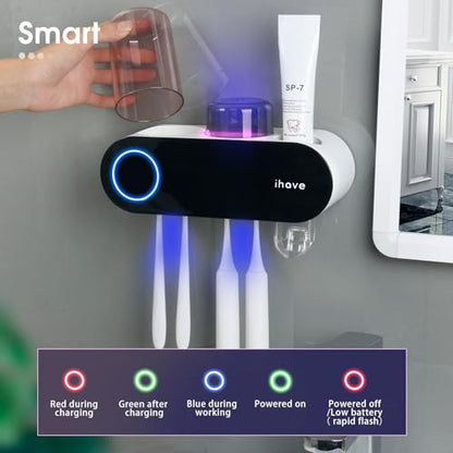 iHave UV Toothbrush Sanitizer Holder Wall Mount Toothpaste Dispenser, 2-Cup | Auto-Cycle Disinfection Toothbrush Holders for Bathrooms with UV Toothbrush Sanitizer & Toothpaste Dispenser, Breathing Light - color: Uv Black 2 Cups