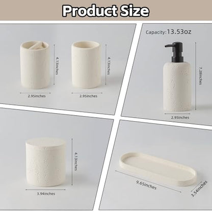 Bathroom Accessories Set,4 PCS Travertine Stone Look Collection,Cream | Modern Bath Organizer with 13.53OZ Soap Dispenser,Toothbrush Holder,Tumbler,Vanity Tray,2PCS Cotton Swab Jars for Countertop - color: Cream 6 Pcs