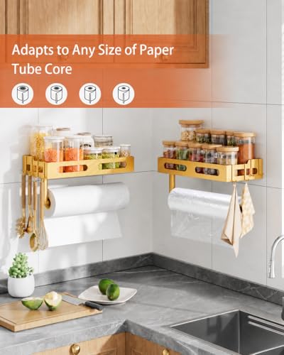 Gold Paper Towel Holder Wall Mount with Shelf, Easy One Hand Tear, Adhesive Glue or Drill Mount Hanging Paper Towel Holder with Shelf for Kitchen/Bathroom/RV, Metal, 4 Hooks - color: Golden