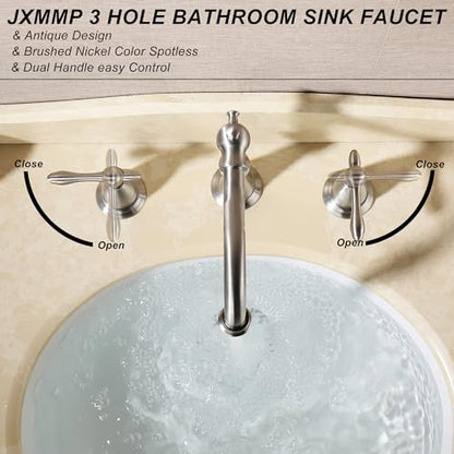 Brushed Nickel 3 Hole Bathroom Faucet, Widespread Antique Bathroom Sink Faucet with Pop Up Drain and cUPC Supply Hose, Modern 2 Handle Modern Brushed Sink Faucet Bathroom JXM3073BN - color: Brushed Nickel