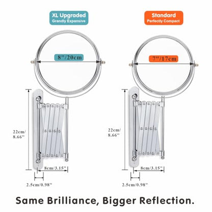 Welllink 8 Inch XL Extendable Mirror 7X and 1X Chrome | Space-Saving Screw Mount, Clear Reflection No Distortion, for Bathroom and Cloakroom, Home Gift - color: 7x
