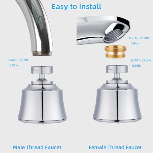 Kitchen Sink Faucet Head 4-Mode, 360° Swivel Faucet Aerator Adapter, Chrome | 55/64" Female Faucet Sprayer Head for Bathroom & Kitchen, Big Angle Rotating Metal Ball Joint, Extra 15/16" Metal Adapter - color: Polished Chrome, style: 1 Swivel Joint