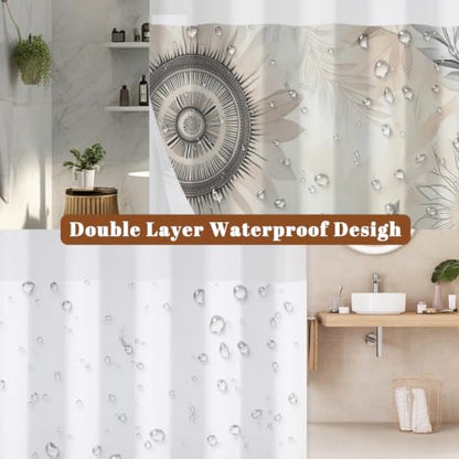 Boho Floral Shower Curtain with Snap in Liner & Tassels, 71x77 Inch | No Hook Needed, Double Layer Waterproof Bath Tub Curtain with Mesh Top, Abstract Botanical Design for Modern Neutral Bathroom - color: Boho Flower
