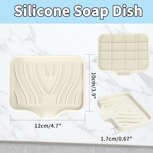2 Pack Silicone Soap Dish with Drain, Self Draining Bar Soap Holder for Shower, Silicone Dish Soap Tray, Bathroom and Kitchen Sink Organizer, Beige - color: Beige