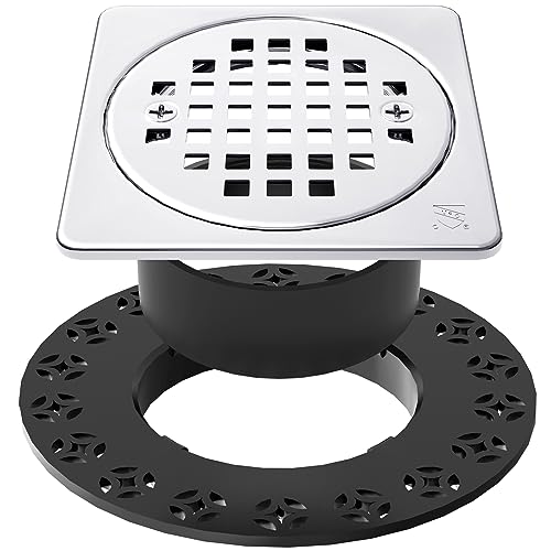 4 Inch Shower Floor Drain with Flange, Square Shower Drain Kit | SS304 Stainless Steel and ABS Material, Height Adjustment Collar and Ring - Chrome - color: Chrome