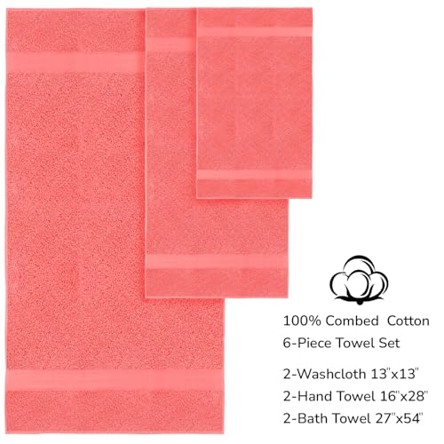 Feather & Stitch 100% Cotton Bath Towel Set of 6, 625 GSM Ultra Soft Highly Absorbent 2 Bath Towels, 2 Hand Towels & 2 Washcloth - Luxury Quick Dry Shower Towels. (Fresh Salmon) - color: Fresh Salmon