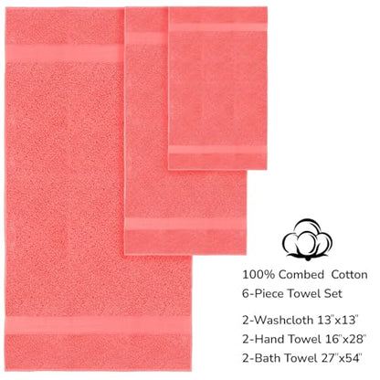 Feather & Stitch 100% Cotton Bath Towel Set of 6, 625 GSM Ultra Soft Highly Absorbent 2 Bath Towels, 2 Hand Towels & 2 Washcloth - Luxury Quick Dry Shower Towels. (Fresh Salmon) - color: Fresh Salmon