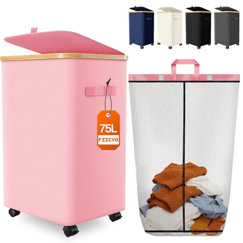 Laundry Hamper with Wheels, 75L Large Clothes Hamper with Removable Inner Bag, Collapsible Dirty Clothes Basket for Dorm, Rolling Dirty Clothes Basket for, Bedroom, Bathroom, Laundry Room - color: Pink, size: 75L