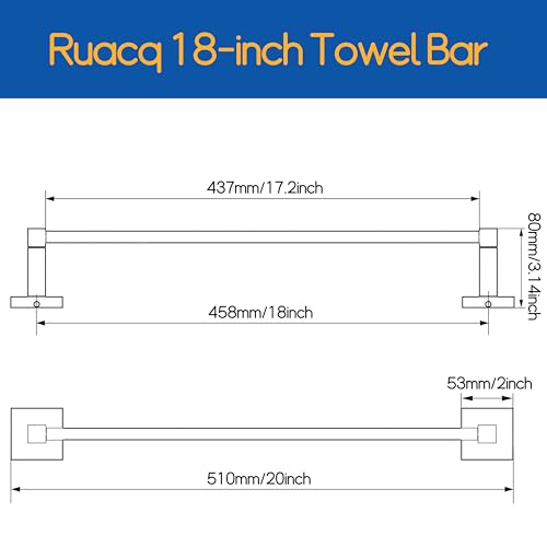 RUACQ Towel Bar 18" Towel Racks for Bathroom Wall Mounted, Brushed Nickel | One-Piece Bath Towel Holder, Total Length 20 Inch Single Towel Rod, 304 Stainless Steel Rustproof, Square Base, Heavy Duty - color: Brushed Nickel, size: 18 inch(Center to Center)
