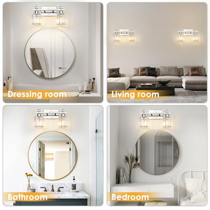 2-Light Silvery Bathroom Vanity Light Fixtures, Brushed Silvery | Modern, Clear Crystal Glass Shade, Bath Wall Mount, For Bedroom Living Room - color: silvery, size: Linear-2-Light