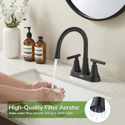 Centerset Bathroom Faucet with Pull Out Sprayer, 4 Inch 2 Handle Sink Faucet with Pop Up Drain, Stainless Steel Vanity Faucet with 2 Supply Hoses, Matte Black - color: Matte Black, size: 4 IN