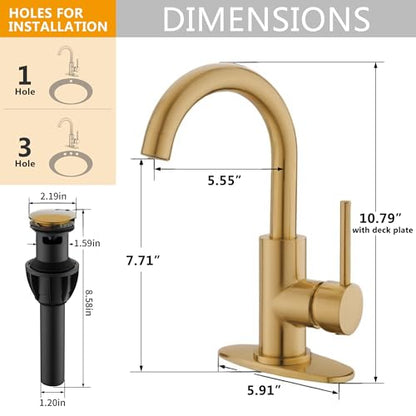 Gold Bathroom Faucets - Single Hole Waterfall Vanity Sink Faucet with Drain Assembly, Brushed Gold Waterfall Bathroom Faucets 360° Swivel Spout Vanity Faucet Single Handle Lavatory Faucets - color: Brass Gold