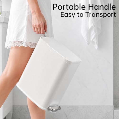 1.6 Gal Small Bathroom Trash Can with Lid, Step Pedal, Slim White | Stainless Steel Wastebasket, Soft Close Lid, Easy Clean Removable Inner Bucket, Odor Control, Includes 60 Trash Bags - color: White