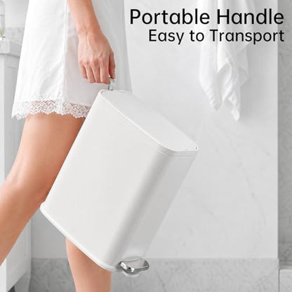 1.6 Gal Small Bathroom Trash Can with Lid, Step Pedal, Slim White | Stainless Steel Wastebasket, Soft Close Lid, Easy Clean Removable Inner Bucket, Odor Control, Includes 60 Trash Bags - color: White