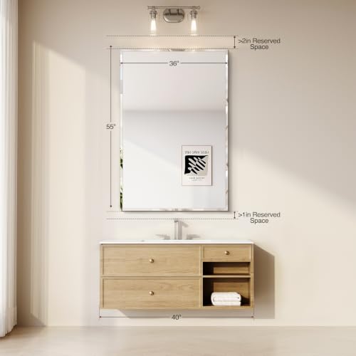 Frameless Bathroom Mirror, 55"x36" Beveled Bathroom Mirror | Wall Mount Mirrors for Vanity Bedroom Entryway Living Room Hangs Horizontally or Vertically - size: 36"L x 55"W