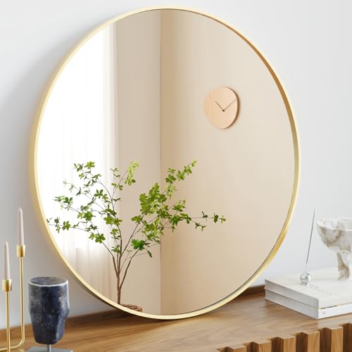 Sweetcrispy Round Bathroom Wall Mirror, Vanity Mirror, 30 Inch | Matte Metal Frame, Wall Mounted, Over Sink, Entryway Decor, Bedroom Decor, Gold - color: Gold-round, size: 30"L x 30"W