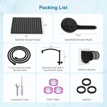Hibbent All Metal 12" High Pressure Rain Shower Head Combo, Matte Black | cUPC Certified Rainfall Shower Head with handheld 10 Sprays, 16'' Adjustable Extension Arm, 71'' Hose, Showerhead Holder - color: Matte Black, style: Square 12''
