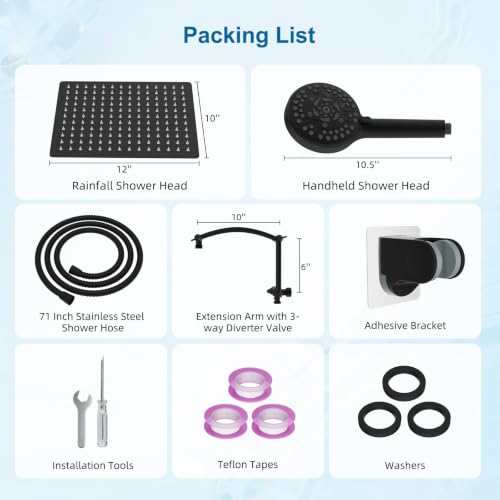Hibbent All Metal 12" High Pressure Rain Shower Head Combo, Matte Black | cUPC Certified Rainfall Shower Head with handheld 10 Sprays, 16'' Adjustable Extension Arm, 71'' Hose, Showerhead Holder - color: Matte Black, style: Square 12''