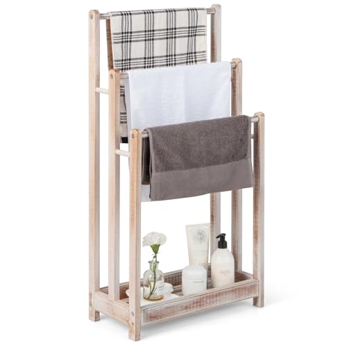 Giantex 3 Tier Free Standing Towel Rack with Storage Shelf, Light Brown | Wood Bath Towel Drying Stand, Blanket Holder for Living Room, Laundry, Bathroom, Poolside, 18" L x 9" W x 34" H - color: Light Brown