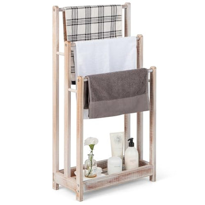 Giantex 3 Tier Free Standing Towel Rack with Storage Shelf, Light Brown | Wood Bath Towel Drying Stand, Blanket Holder for Living Room, Laundry, Bathroom, Poolside, 18" L x 9" W x 34" H - color: Light Brown