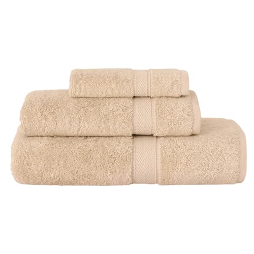 Supreme Terry 3-Piece 100% Turkish Cotton Towel Set, Hotel Quality Soft & Absorbent, 1 Luxury Bath Towel 1 Hand Towel 1 Washcloth-Beige - color: Beige, size: 3 Pcs Set