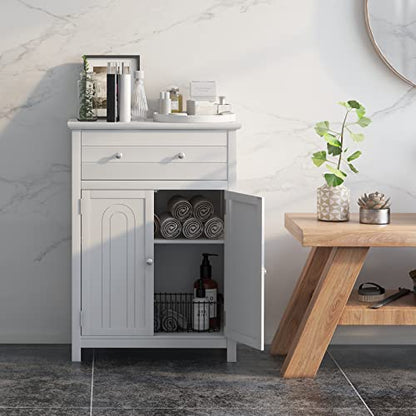 COSTWAY Bathroom Floor Cabinet, Wooden Side Storage Organizer w/Larger Drawer, Adjustable Shelf & 2-Door Cupboard, Freestanding Storage Cabinet for Living Room, Kitchen, Entryway (White) | Larger Drawer, Adjustable Shelf & 2-Door Cupboard, Freestanding St