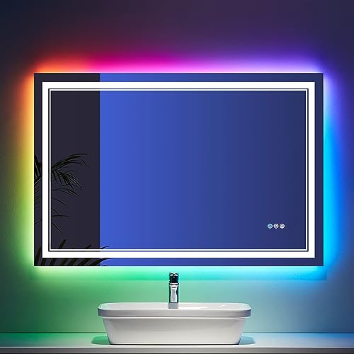 48x32 Inch RGB LED Bathroom Mirror with Lights | Front and RGB Backlit, Dimmable, Memory, Anti Fog, Shatterproof, Horizontal/Vertical, Lighted Mirrors for Bathroom Wall - color: Rgb Backlit, size: 48"L x 32"W