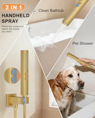 Brushed Gold Shower System with Tub Spout, Wall Mounted Bathtub Shower Faucet Set, 12" Rainfall Shower Head and Handheld Shower Combo, High Pressure Shower Fixtures Set with Rough-in Valve - color: Brushed Gold, style: 12" Wall Mounted Shower System with