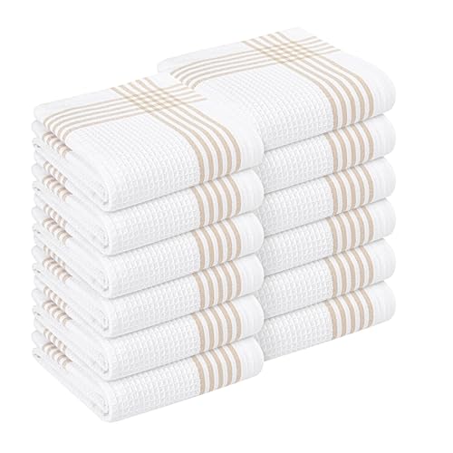 Beige and White Waffle Kitchen Towels 12 Pack, 100% Cotton, 16x26 Inch, Ultra Absorbent, Fast Dry Dish Towels, Reusable Dishcloths for Drying, Cleaning, Kitchen Use - color: Beige, White, style: 12 Pack