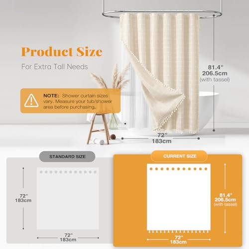 3-in-1 72x80 Farmhouse Linen Shower Curtain with Liner, Cream/Beige | Long Size, 330GSM Linen Blend, Waterproof Clear PEVA Liner, Heavy Duty Cloth, 12 Hooks, Rustic Bohemian, Machine Washable - color: Cream With Liner, size: 72"W x 80"L (Pack of 1)