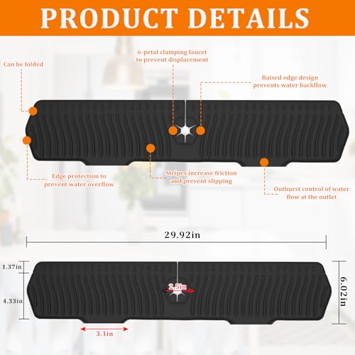 30 Inch Sink Splash Guard,Longer Silicone Sink Mat for Kitchen Bathroom,Kitchen Faucet,Silicone Sink Faucet Mat Splash Guard, Drip Protector Splash Countertop (Black) - color: Black