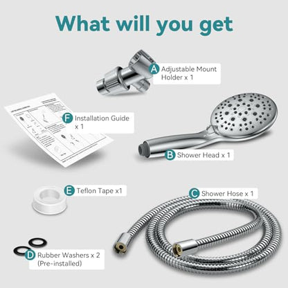 High Pressure Shower Head with Handheld, JDO 6 Spray Settings Handheld Showerhead, 4.3" High Flow Rain Showerhead Set with 59" Stainless Steel Hose and Adjustable Bracket for Bathroom, Gym, Hotel | 4.3-inch high flow head, 59-inch stainless steel hose, ad