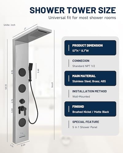 5 In 1 Shower Panel Brushed Nickel Shower Tower System | with Rainfall Waterfall Shower Head 3 Body Jets Handheld Shower Head and Tub Spout Modern Massage by Homevacious - color: Brushed Nickel