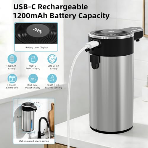 Touchless Automatic Foaming Soap Dispenser for Bathroom | Rechargeable, 13.5oz Large Capacity, Fast Sensor, 4 Adjustable Liquid Levels, Waterproof, Clog-Free Pump - color: St-03 Foam Silver, style: Foam
