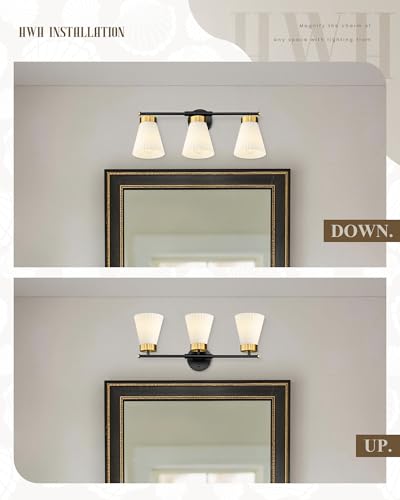 Bathroom Vanity Light, HWH 3-Light Wall Light Fixture for Bathroom Bedroom, Black and Gold Vanity Lights with Frosted Milk White Striped Glass, 5HZG97B-3W BK+BG - color: Black and Gold, size: 3-Light