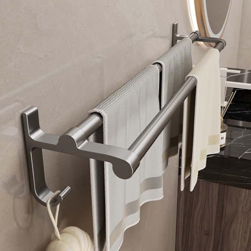 Double Towel Bar with Hooks, Sticky Towel Holder, Bathroom Towel Bar, Rustproof Towel Holder, Sturdy Towel Bar Wall Mounted for Bathroom, Kitchen (50cm) - size: 50cm