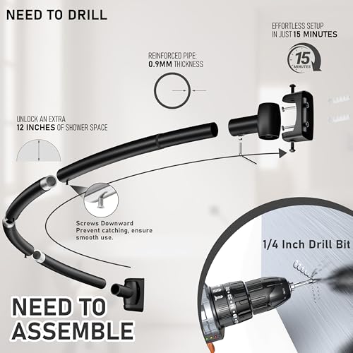 Curved Shower Curtain Rod, Need to Drill, 35-76 inches Adjustable Curved Shower Rod Rustproof Shower Rod Round Shower Curtain Rod for Bathroom, Bathtub, Stall, Stainless Steel, Black - color: black