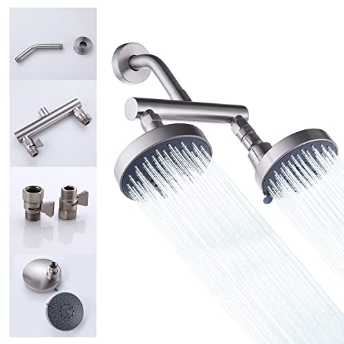AZOS Double Shower Head with Shut-Off Valve, Bathathroom High Pressure Dual Fixed Rain Shower Head Combo with Brass Dual Outlet Manifold, Adjustable 5 Function Showerhead Brushed Nickel - color: Brushed Nickel