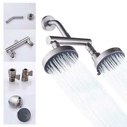 AZOS Double Shower Head with Shut-Off Valve, Bathathroom High Pressure Dual Fixed Rain Shower Head Combo with Brass Dual Outlet Manifold, Adjustable 5 Function Showerhead Brushed Nickel - color: Brushed Nickel