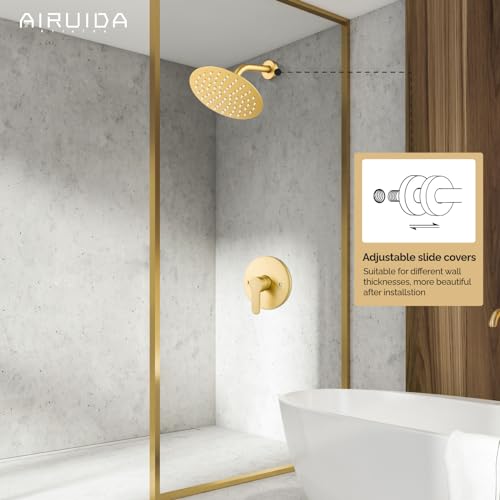 Airuida Shower Faucet Set,8 Inch Brushed Gold Shower Trim Kit | Round Rainfall Shower Head,Single Handle,Male Threads Rough-in Valve,Wall Mount Bathroom System - color: Gold, size: 8 Inch