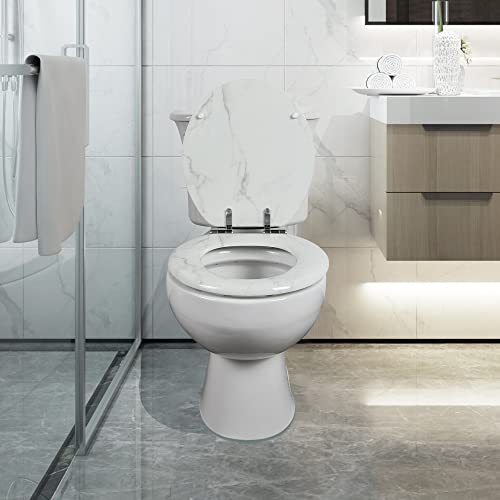 Angel Shiold ROUND Toilet Seat Molded Wood 16.5"(White Marble) | Quiet Close Quick Release Metal Hinges, Adjustable Fit for Standard Round Toilets, Easy to Install&Clean - color: White Marble-Round, size: Round-16.5“