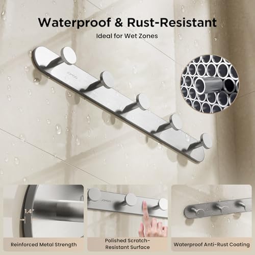 JOMOO Robe Hook, 2 Pack Adhesive Wall Hooks for Bathroom, Stainless Steel Towel Hooks with 5 Hooks Each, No Drill Shower Hooks Heavy Duty 11LBS, Brushed - color: Brushed