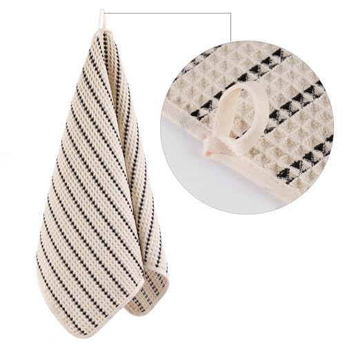 POLYTE 430 GSM Poly Blend Microfiber Quick Dry Waffle Hand Towel, 16x30 in | 4 Pack, Oversize, Lint Free, Quick Dry, Hanging Loop - color: Light Beige/Black