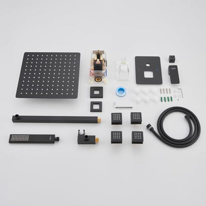Iriber Mattle Black Square Rain Shower System with 4 PCS Body Jets 3 Function Shower Faucet Set Contain 12 Inch Shower Head and Handheld Wall Mounted Pressure Balance Shower Trim Kit (Valve Included) - color: Matte Black 03