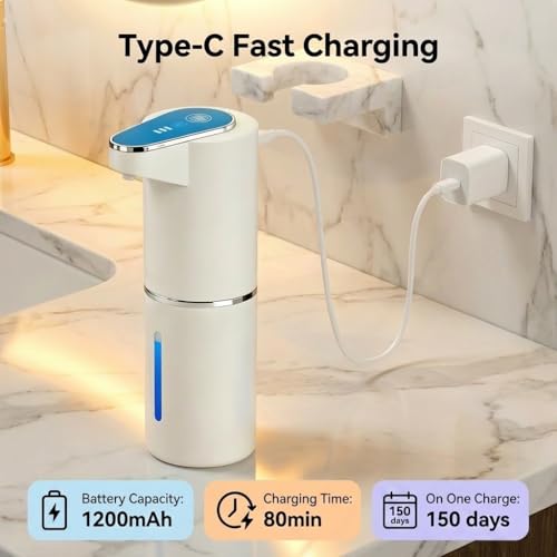 2 Pack Automatic Soap Dispenser, Touchless Electric Hand Sanitizer with 3 Gear Adjustable, Rechargeable 350ml with Infrared Motion Sensor IPX5 Waterproof for Kitchen, Bathroom, Office White Foam
