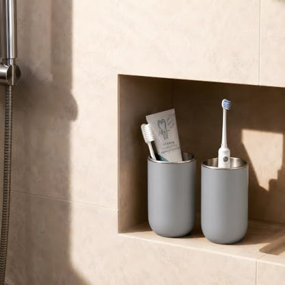 Unbreakable Stainless Steel Toothbrush Holder Tumbler Cup for Bathroom 13oz | Reusable Kids Bathroom Tumbler Cup & Tooth Brush Holder, Countertop Toothpaste Organizer Storage Set, Grey 2 Pack - color: Grey