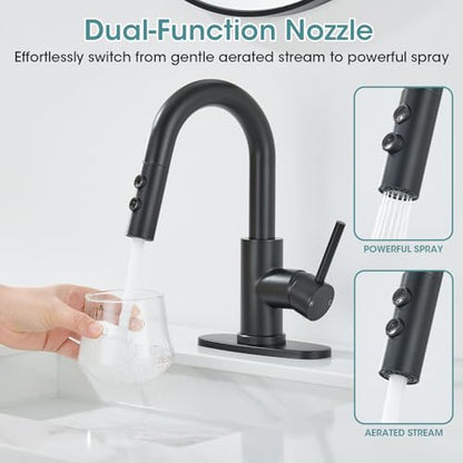 Black Bathroom Faucet with Pull Down Sprayer, 2 Flow Modes | Modern Stainless Steel Bathroom Sink Faucet with Pop-up Drain and Hoses, RV & Outdoor Basins, for 1 or 3 Hole - color: Matte Black